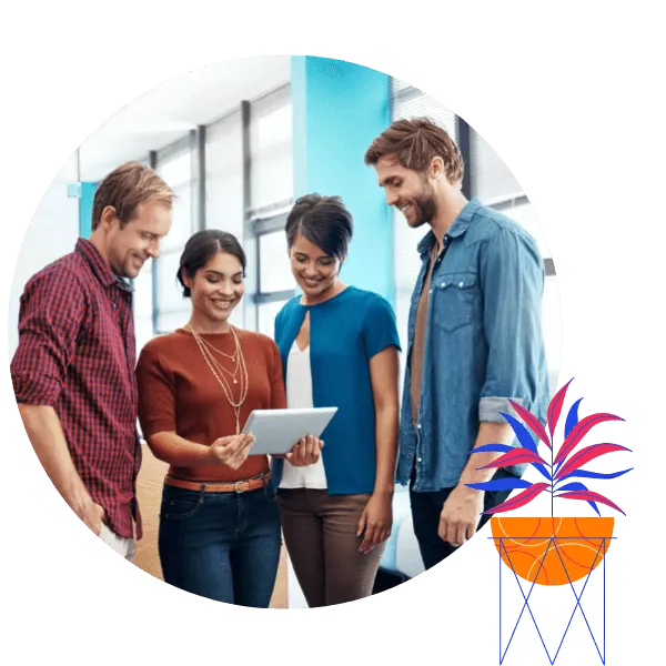 4 young people looking on a tablet with happy face